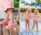 Split view of child wearing Ten Little Splash Sandals and children playing in water area at resort. Available from www.tenlittle.com