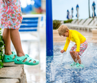 Split view of child wearing Ten Little Splash Sandals and playing in water wearing Ten Little Splash Sandals in Aqua Mint. Available from www.tenlittle.com