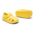 Front and bottom of shoe view of Ten Little's Splash Sandals in Daisy Yellow. Available from www.tenlittle.com