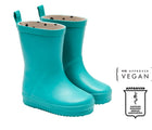 Side and front view of APMA and Peta-approved Ten Little Rain Boots - Teal. Available from www.tenlittle.com