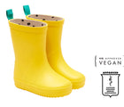 Side and front view of APMA and Peta-approved Ten Little Rain Boots - Yellow. Available at www.tenlittle.com