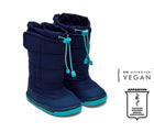 Side and front view of APMA and Peta-approved Ten Little Snow Boots - Navy Teal. Available from www.tenlittle.com