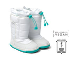 Side and front view of APMA and Peta-approved Ten Little Snow Boots - White Teal. Available from www.tenlittle.com