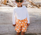 Child wearing Jan and Jul UV Swim Shorts in Crab. Available from tenlittle.com