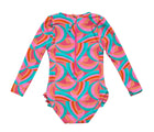 Back of Snapper Rock One piece UPF 50+ Swimsuit - Geo Melon with leg frills. Available from www.tenlittle.com