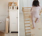 Split image of child playing on the Piccalio Climber Pikler Triangle Set and the set folded away in bedroom. Available from www.tenlittle.com