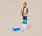 GIF boy playing and wearing Ten Little Rain Boots Teal - Available at www.tenlittle.com