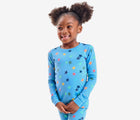 Child wearing Primary - Long Sleeve PJ Set - Cornflower/Confetti Stars - Available at www.tenlittle.com