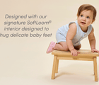 Baby on bench wearing Ten Little Everyday Baby Booties designed with signature SoftLoom® interior designed to hug delicate baby feet - Soft Pink. Available at www.tenlittle.com