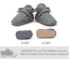 Front, inner side view, and bottom view of Ten Little Everyday Baby Booties without grippy outsole (0-6M) and with grippy outsole (6-18M) - Heather Gray. Walking? Try out First Walkers as your little one takes their first steps outdoors! Available at www.tenlittle.com