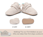 Front, inner side view, and bottom view of Ten Little Everyday Baby Booties without grippy outsole (0-6M) and with grippy outsole (6-18M) - Heather Oat. Walking? Try out First Walkers as your little one takes their first steps outdoors! Available at www.tenlittle.com