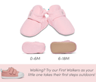 Front, inner side view, and bottom view of Ten Little Everyday Baby Booties without grippy outsole (0-6M) and with grippy outsole (6-18M) - Petal Pink. Walking? Try out First Walkers as your little one takes their first steps outdoors! Available at www.tenlittle.com