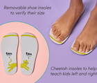 Split view of child standing on removable shoe insoles to verify size with a cheetah graphic to help teach kids left and right - Ten Little Mini Mary Janes. Available at www.tenlittle.com