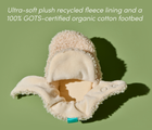Top view of unbuttoned Ten Little Sherpa Baby Booties made with ultra-soft plush recycled fleece lining and a 100% GOTS-certified organic cotton footbed. Available at www.tenlittle.com