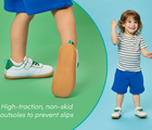 Split view child wearing and side/bottom view of high-traction, non-skid outsole to prevent slips - Ten Little Centre Court Sneakers. Available at www.tenlittle.ocm