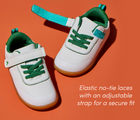 Top view of Ten Little Centre Court Sneakers featuring elastic no-tie laces with an adjustable strap for a secure fit. Available at www.tenlittle.ocm