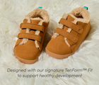 Front and top view of Ten Little Cozy Suede Sneakers designed with our signature TenForm™ Fit to support healthy development - Toffee Brown. Available at www.tenlittle.com