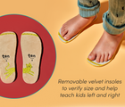Split view of removable velvet insoles and child standing on insoles to verify size and help learn left and right - Ten Little Cozy Suede Sneakers. Available at www.tenlittle.com