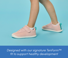 Side view child wearing Ten Little DuoKnit Sneakers designed with our signature TenForm™ fit to support healthy development - Powder Pink. Available at www.tenlittle.com