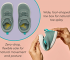 Top view and side flexed view of Ten Little DuoKnit Sneakers with zero-drop, flexible sole for natural movement and posture and wide, foot-shaped toe box for natural toe splay - Agave Green. Available at www.tenlittle.com
