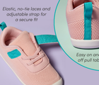 Top and back view of Ten Little DuoKnit Sneakers with elastic, no-tie laces and adjustable strap for a secure fit and easy on and off pull tab - Powder Pink. Available at www.tenlittle.com