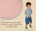 Split view child wearing and close up material of Ten Little DuoKnit Sneakers with breathable and lightweight dual-knit mesh construction for all-day wear - Powder Pink, Agave Green. Available at www.tenlittle.com