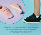 Top, bottom, and side view child wearing Ten Little DuoKnit Sneakers with non-slip outsoles that wrap over the toe for added protection and durability without sacrificing flexibility - Powder Pink, Night Black. Available at www.tenlittle.com