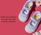 Top view of wide, foot-shaped toe boxes for toes to splay naturally - Ten Little Eco Canvas Mary Janes - Blue Seersucker. Available at www.tenlittle.com