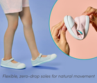 Split view of flexible, zero-drop soles for natural movement and child wearing Ten Little Eco Canvas Mary Janes - Blue Seersucker, Pink Seersucker. Available at www.tenlittle.com