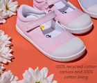 Close up side and front view of 100% recycled cotton canvas and 100% cotton lining - Ten Little Eco Canvas Mary Janes - Pink Seersucker. Available at www.tenlittle.com