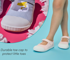 Split view close-up of durable toe cap and child wearing Ten Little Eco Canvas Mary Janes - Blue Seersucker, Pink Seersucker. Available at www.tenlittle.com