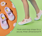 Split view of child wearing and top view of hook-and-loop straps for a secure, three-dimensional fit - Ten Little Eco Canvas Mary Janes - Pink Seersucker. Available at www.tenlittle.com