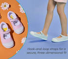 Split view of child wearing and top view of hook-and-loop straps for a secure, three-dimensional fit - Ten Little Eco Canvas Mary Janes - Pink Seersucker, Blue Seersucker. Available at www.tenlittle.com