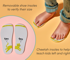 Split view of child standing on removable shoe insoles to verify size and to help teach kids left and right - Eco Canvas Mary Janes. Available at www.tenlittle.com