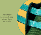 Close-up of adjustable hook-and-loop straps for a secure fit - Ten Little Eco Corduroy Sneakers - Green / Navy. Available at www.tenlittle.com