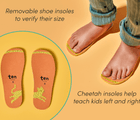 Split view of removable shoe insoles to verify size and help teach kids left and right with cheetah graphic - Ten Little Eco Corduroy Sneakers. Available at www.tenlittle.com