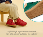 Split view child wearing Ten Little Furry High Tops featuring stylish high top construction and close-up of non-slip rubber outsole for stability - Lava Red, Emerald Green. Available at www.tenlittle.com