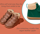 Split view Ten Little Furry High Tops featuring ultra-soft and cozy faux fur lining from ankle to toe and eco-conscious, cruelty-free vegan leather upper - Chestnut Brown, Emerald Green. Available at www.tenlittle.com