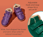 Split view Ten Little Furry High Tops featuring wide, foot-shaped toe boxes and zero-drop soles for natural movement and close-up of adjustable hook-and-loop straps for a secure fit - Power Purple, Emerald Green. Available at www.tenlittle.com