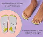 Split view of removable shoe insoles to verify size featuring cheetah graphic to teach kids left and right - Ten Little Furry High Tops. Available at www.tenlittle.com