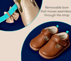 Split view of removable bow that moves seamlessly through the strap - Ten Little Mini Mary Janes - Champagne Gold, Caramel Brown. Available at www.tenlittle.com