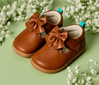 Top and side view of Ten Little Mini Mary Janes - Caramel Brown. Available at www.tenlittle.com