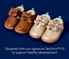 Top and front view of Ten Little Mini Mary Janes designed with our signature TenForm™ Fit to support healthy development - Caramel Brown, Champagne Gold. Available at www.tenlittle.com