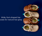 Top view of Ten Little Mini Mary Janes featuring wide, foot-shaped toe boxes for natural toe splay - Caramel Brown, Champagne Gold. Available at www.tenlittle.com