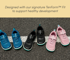 Top view group shot of Ten Little MotionX Sneakers designed with our signature TenForm™ Fit to support healthy development - Cosmic Blue, Space Black, Stardust Pink. Available at www.tenlittle.com