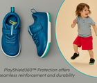 Split view of child wearing and top and side of Ten Little MotionX Sneakers with PlayShield360™ Protection for seamless reinforcement and durability - Cosmic Blue, Space Black. Available at www.tenlittle.com