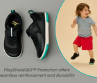 Split view of child wearing and top and side of Ten Little MotionX Sneakers with PlayShield360™ Protection for seamless reinforcement and durability - Space Black. Available at www.tenlittle.com