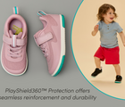Split view of child wearing and top and side of Ten Little MotionX Sneakers with PlayShield360™ Protection for seamless reinforcement and durability - Stardust Pink, Cosmic Black. Available at www.tenlittle.com