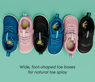 Top view group shot featuring wide, foot-shaped toe boxes for natural toe splay - Ten Little MotionX Sneakers - Cosmic Blue, Stardust Pink, Space Black. Available at www.tenlittle.com
