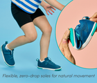 Split view of person flexing zero-drop soles for natural movement and child wearing Ten Little MotionX Sneakers - Cosmic Blue. Available at www.tenlittle.com